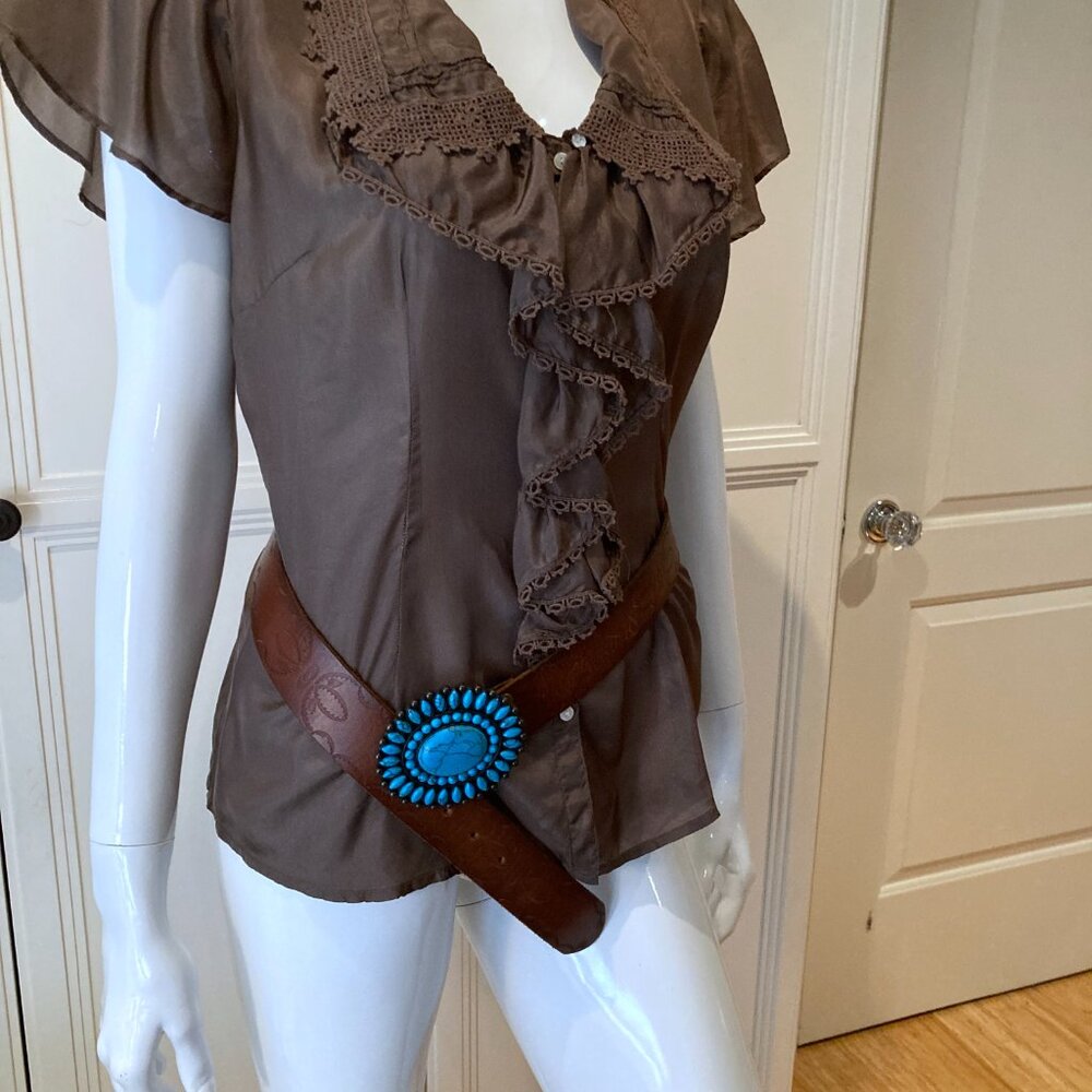 Lucky brand button front lace trim silk blouse Sz M square collar flutter sleeve